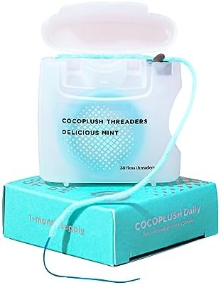 Cocofloss CocoPlush Threaders, Dental Floss for Implants, Bridges, and Braces, Mint, Waxed, Dentist-Designed Oral Care with Coconut Oil, 30 Per Pack