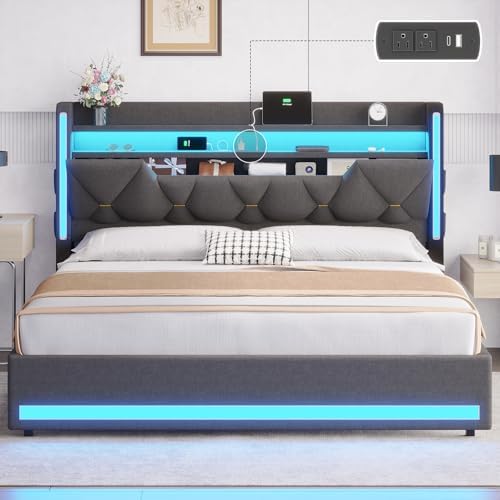 Queen Bed Frame with Storage Headboard & Hidden Storage, Upholstered Bed Frame Queen Size with LED Lights, with Charging Station, No Noise, No Box Spring Needed, Gray, Linen Cloth