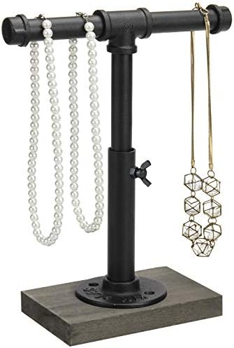 MyGift Adjustable Height Industrial Pipe Organizer Stand - Rustic T-Bar for Jewelry, Headphones, Medals, Kitchen Utensils & Display, Gray Wood Base (Black/Gray, Country Style)