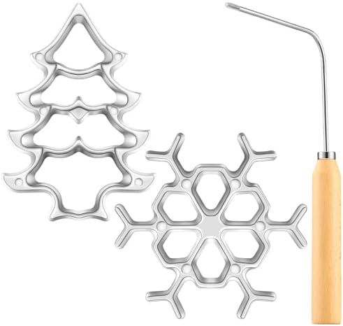 3 Pcs Bunuelos Mold with Wooden Handle Snowflakes Christmas Tree Rosette Iron Molds Aluminum Cast Cookie Cutter Maker for Waffle Achappam Christmas Party Deserts Baking Cooking