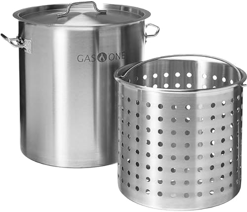 GasOne Stainless Steel Stockpot with Basket – 84qt Stock Pot with Lid and Reinforced Bottom – Heavy-Duty Cooking Pot for Deep Frying, Turkey Frying, Beer Brewing, Soup, Seafood Boil – Satin Finish