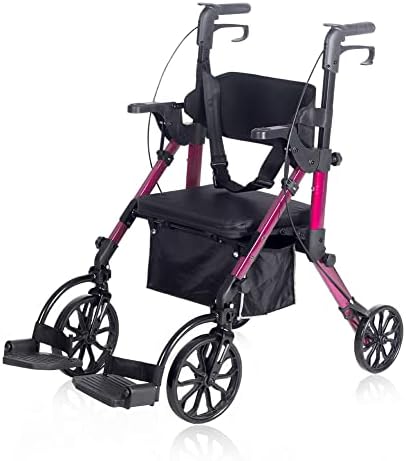 Elenker 2 in 1 Rollator Walker & Transport Chair, Folding Wheelchair Rolling Mobility Walking Aid with Seat Belt, Padded Seat and Detachable Footrests for Adult, Seniors (Red)