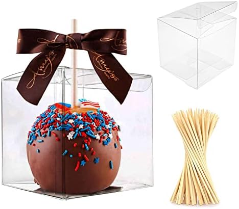 XP-ART 30 Pcs Candy Apple Boxes with Apple Sticks, Clear Caramel Apple Box Plastic Gift Cookie Makaron Cupcake Packaging for Treats, Party Favors, 4" L x 4" W x 4" H