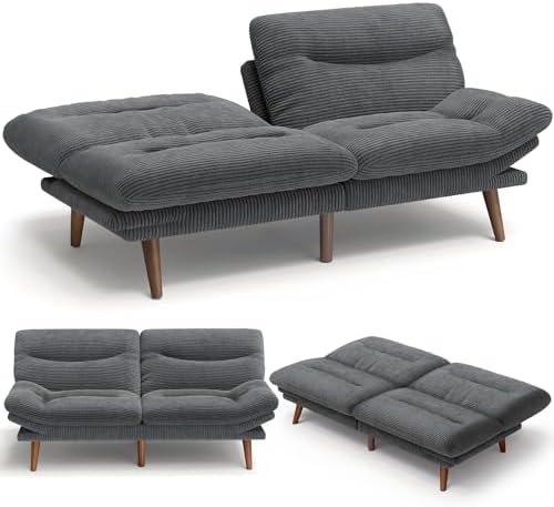 Amada 66" Convertible Futon Sofa Bed, Corduroy Folding Futon Set with Adjustable Backrest &Armrests, Recliner Lounge for Living Room, Apartment or Office, Solid Wood Frame, Loveseat Sofa - Grey