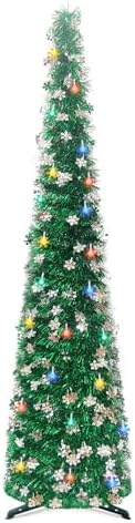 5Ft Pop Up Christmas Tree with Lights, Collapsible Pencil Tree Green, Skinny Christmas Tree Slim Xmas Tree, Artificial Tinsel Tree Foldable for Home Apartment Holiday Party Winter Decor