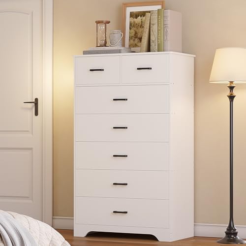 Hasuit Tall Dresser for Bedroom, White Large Chest of Drawers, 55.6'' High Dressers with 7 Drawers, Modern Wooden Vertical Storage Clothes Closet Organizer
