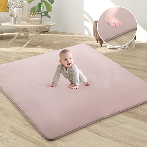 MABOZOO Baby Play Mat, 50x50 Inch Memory Foam Play Mat Velvet Baby Playmat Playpen Mat for Babies, Toddlers, Infants, Crawling Mat Baby Floor Mat with Non-Slip Bottom for Indoor, Outdoor (Pink)