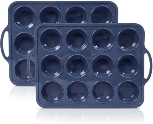 2 pack Silicone Muffin Pan with Metal Frame, Non Stick Silicone Cupcake Pan with Handles Regular 12 Cup, BPA Free Silicon Muffin Tin Tray for baking, egg bites, Cupcake Mold Grey