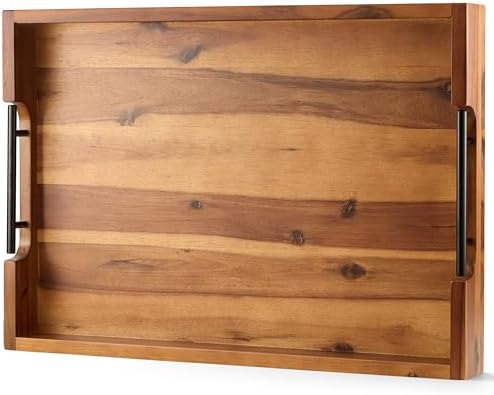 20 Inch Acacia Wood Ottoman Tray with Metal Handle - Wooden Square Serving Tray - Extra Large Food Trays for Decorative, Coffee Table, Breakfast in Bed - Charcuterie Trays Use for Kitchen