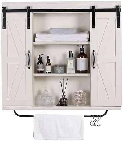 RUSTOWN Rustic Wood Wall Storage Cabinet with Two Sliding Barn Door, 3-Tier Decorative Farmhouse Vintage Cabinet for Kitchen Dining, Bathroom, Living Room, Vintage White