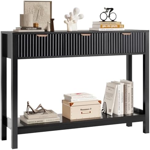 Fluted Console Table, Wooden Sofa Table with Storage and Drawers, Farmhouse Behind Couch Table Entryway Table for Entrance, Hallway, Living Room, Black