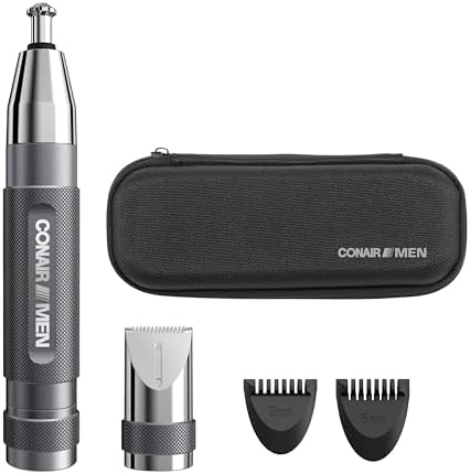 Conair Men Ear, Nose, and Eyebrow Trimmer, Patent 360 Bevel Blade for No Pull, No Snag Trimming Experience, 5-piece Kit with Travel Case