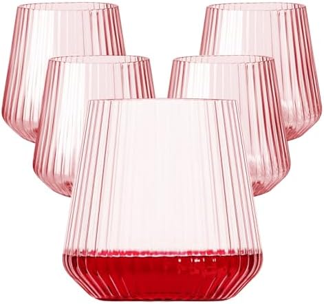 40 Pack Pink Plastic Ribbed Wine Glasses, 14Oz Origami Disposable Wine Glasses Unbreakable Clear Plastic Cocktail Glasses Recyclable Shatterproof Reusable Wine Cups