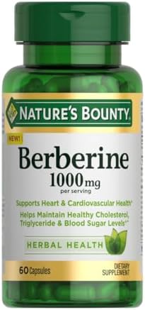 Nature's Bounty 1000mg Berberine Herbal Health Capsules Support Heart and Cardiovascular Health, Help Maintain Healthy Cholesterol, Triglyceride, and Blood Sugar Levels, 60 Capsules