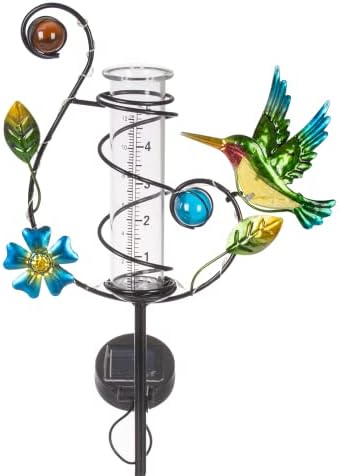 35'' Hummingbird Rain Gauge Outdoor - Solar Rain Gauges with LED Light for Yards, Lawns, Pathway, Patio (Colorful)