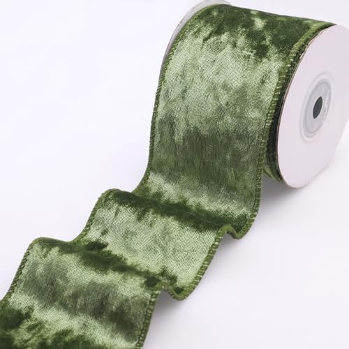 Moss Green Velvet Ribbon Wired Ribbon 2.5Inch Wide Velvet Fabric Ribbon Trim Single Face Spool Satin Velvet Ribbons for Gift Wrapping Bow Making Christmas Decoration(5Yards)