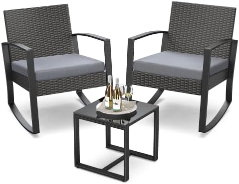 3 Pieces Patio Furniture Set Rocking Bistro Set Outdoor Rattan Conversation with Coffee Table for Garden Balcony Backyard Poolside (Grey Cushion)