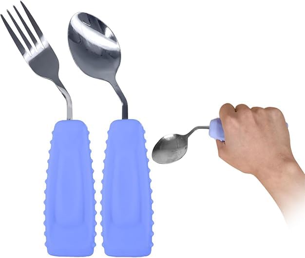 Adaptive Utensils Angled Spoon and Fork for Hand Tremors Parkinsons,Weighted Utensils with Non-Slip Easy Grip Handles for Independent Eating (1pcs Spoon+1pcs Fork=2 pcs,Purple,Right Hand)