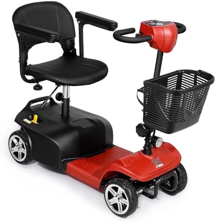 Mobility Scooter, 4 Wheels Rechargeable Electric Scooter for Adults and Seniors W/Lights,Removable Basket, Rotating Seat and Cup Holder, Red