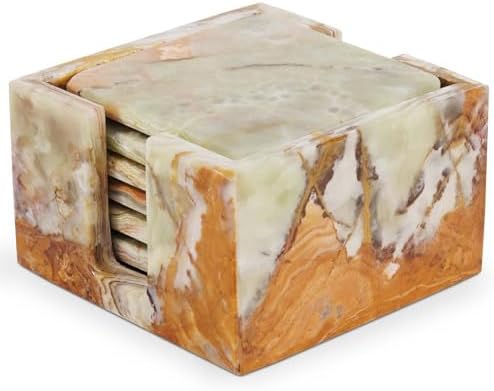 Marble Coasters Set of 6 Green Onyx 3.5 Inch Square Coaster for Drinks with Holder, Drink Coaster for Tabletop & Coffee Table Decor, Ideal Home Decor House Warming Gifts