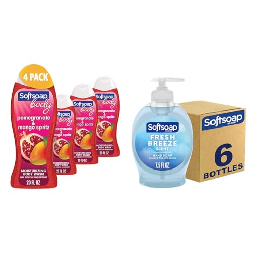 Softsoap Body Wash, Pomegranate & Mango Spritz Body Wash, 20 Fl Oz (Pack of 4) & Liquid Hand Soap, Fresh Breeze - 7.5 Fl Oz (Pack of 6)