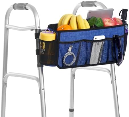 CTWWFS Upgrade Walker Basket with Cup Holder, Foldable Walker Storage Bag for seniors with Big Capacity & Never Tipping Over, Best Gift for Family (Blue)