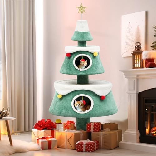 DWVO Christmas Cat Houses for Indoor Cats, Christmas Cat Tree Tower with 2 Cozy Houses, Kitty Furniture with Teaser Plaything for Christmas Decoration