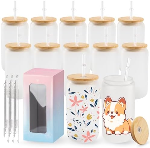 Joyclub 12 Pack Frosted Sublimation Glass Cups with Lids and Straws 16oz, Sublimation Glass Tumbler Blanks Beer Can Shaped Mugs for Iced Coffee Smoothie Soda Boba Tea Cocktail Gift