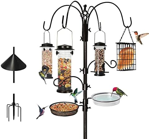 6-Hook Bird Feeding Station, Steel Multi-Feeder Kit Stand for Attracting Wild Birds w/ 4 Bird Feeders, Bird Bath, Mesh Tray and Squirrel Guard Baffle，94 Inch