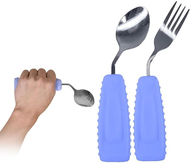 Adaptive Utensils Angled Spoon and Fork for Hand Tremors Parkinsons,Weighted Utensils with Non-Slip Easy Grip Handles for Independent Eating (1pcs Spoon+1pcs Fork=2 pcs,Purple,Left Hand)