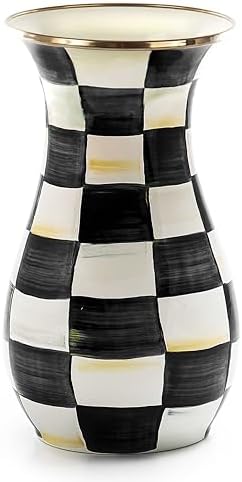 MACKENZIE-CHILDS Tall Enamel Vase, Unique Flower Vase, Decorative Table Decor for Living Room, Black-and-White Courtly Check