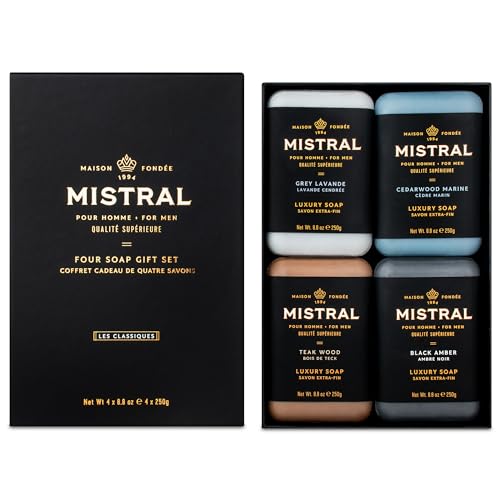 Mistral Men’s Luxury Bar Soap for Men | Gift Set (4 x 8.8 oz) – Grey Lavande, Cedarwood Marine, Teak Wood, Black Amber | Moisturizing, Triple-Milled Natural Soap for Men - Made in France