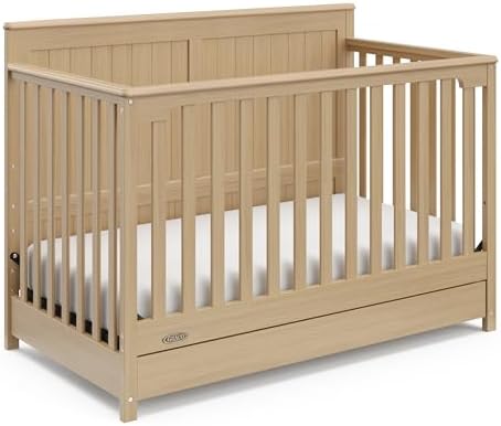 Graco Hadley 5-in-1 Convertible Crib with Drawer (Driftwood) – GREENGUARD Gold Certified, Crib with Drawer Combo, Full-Size Nursery Storage Drawer, Converts to Toddler Bed, Daybed