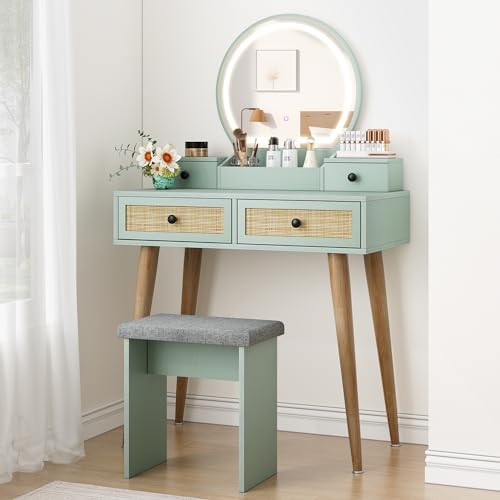 Brafab 31" Boho Natural Rattan Vanity Desk Set with 3 Modes Adjustable Lighted Mirror and Cushioned Stool, Modern Compact Design Makeup Table for Bedroom, Cute Dressing Table for Small Space, Mint