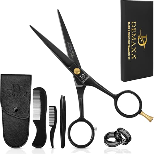 5" Professional Mustache Scissors Beard Scissors for Men with Fine tip Tweezers 1 Mustache Comb 1 Beard Comb & Pouch – Beard Trimming kit & Mustache Kit (Black Shears with Tweezer)