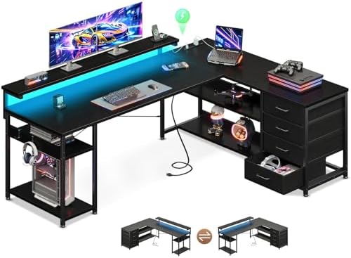 AODK 61" L Shaped Desk with Drawer, Computer Desk with Power Outlets & LED Lights, Reversible Corner Gaming Desk for Home Office Workstation, Office Desk with Monitor Shelf, Pure Black