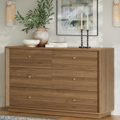 Mid Century Modern Dresser, 6 Drawer Dresser with Storage, 47" Wide Chest of Drawers with Wood Grain Texture, Drawers Organizer for Bedroom, Living Room, Hallway, Walnut