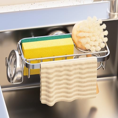 TAILI 4-in-1 Sponge Holder for Kitchen Sink with Strong Suction Cup Removable, Rustproof Aluminum Sink Caddy for Sponge, Brush, Scrubber, Scraper -Silver