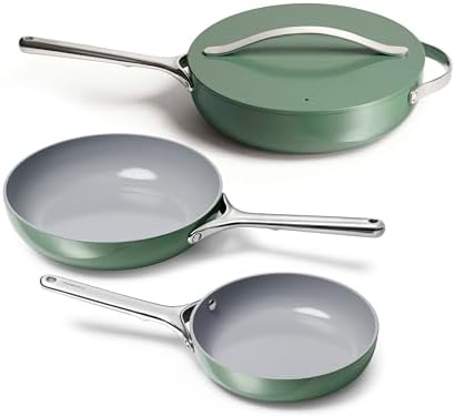 Caraway 4-Piece Fry Pan Set - Non-Stick Frying Pans (10.5” & 8”) & Non-Stick Sauté Pan - Non Toxic, PTFE & PFOA Free - Oven Safe & Compatible with All Stovetops (Gas, Electric & Induction) - Sage