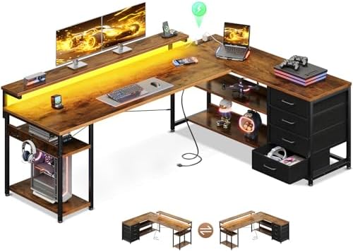AODK 69" L Shaped Desk with Drawer, Computer Desk with Power Outlets & LED Lights, Reversible Corner Gaming Desks for Home Office Workstation, Office Table with Monitor Shelf, Vintage