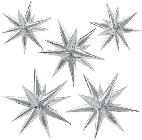60Pcs Silver Star Balloons Birthday Decorations Explosion Mylar Balloons 12 Spike Balloon Large Foil Prom Balloon for Wedding Anniversary Christmas New Year Eve Party Backdrops Supplies