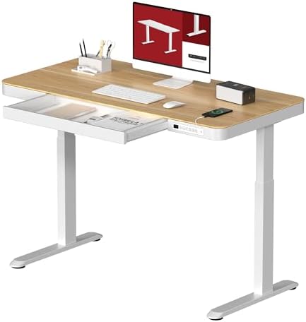 Standing Desk with Drawer, Electric Height Adjustable Home Office Desk with Storage & USB Ports, 48 inch Maple Wood Tabletop/White Frame