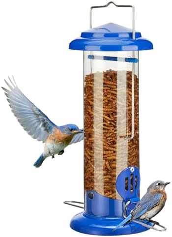 Kingsyard Upgraded Bluebird Feeder for Outdoors Hanging - Metal Mealworm Tube Bird Feeder for Blue Birds Robins Wrens Titmice, Blue