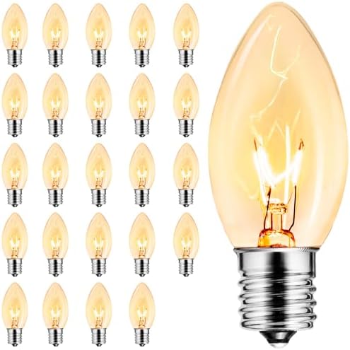 Minetom 25 Pack C9 Clear Replacement Bulbs for Christmas Lights, E17 Intermediate Base Incandescent C9 Christmas Light Bulbs, 7 Watt, Warm White