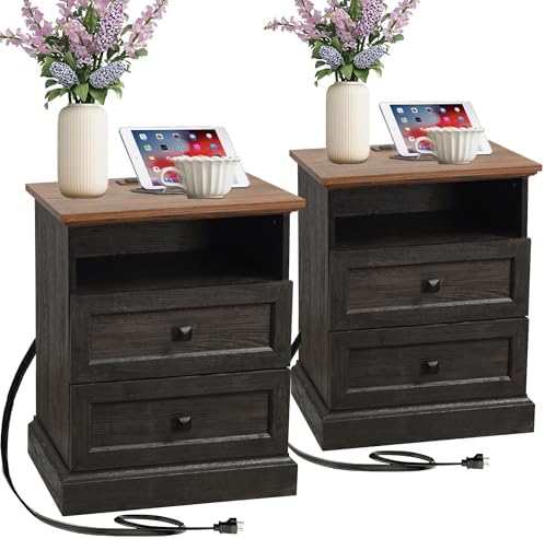 Night Stand Set of 2 with Charging Station, Bedside Table with 2 Drawers Storage and Open Shelf, Wood Farmhouse Nightstands with Outlets for Bedroom Office, Espresso