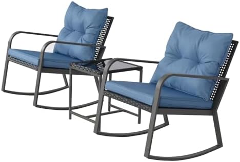 3 Piece Rocking Bistro Patio Set, Outdoor Rocking Chair, Outdoor Bistro Sets Wicker Patio Furniture Rocking Chairs Sectional Couch with Tempered Glass Top Coffee Table & Cushions, Dark Blue
