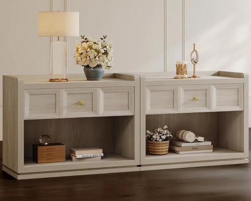 SICOTAS 31" Wide Nightstands Set of 2, Large Night Stands with Drawer, Oversized King Size Nightstand Bedside Table for Bedroom, Farmhouse End Side Table Set of 2 with Round Corners,Grey White Oak