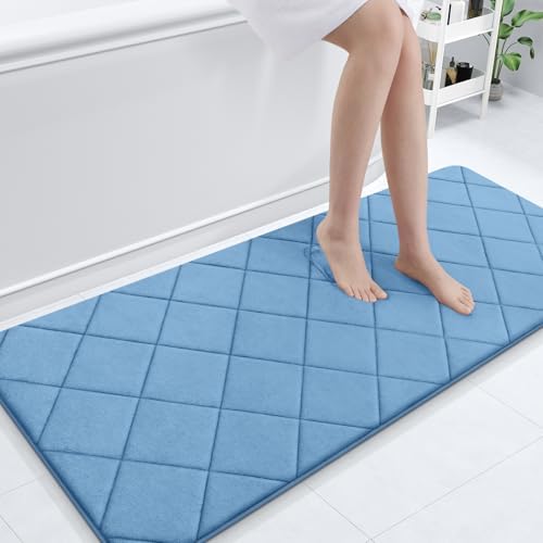 OLANLY Memory Foam Bath Mat 70x24, Ultra Soft and Absorbent Bathroom Rugs, Machine Washable, Comfortable Bath Carpet for Bathroom Floor, Tub and Shower, Blue