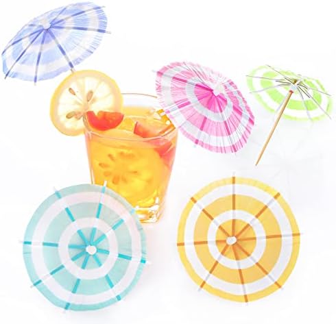 150 Pieces Drink Umbrellas Cocktail Picks Parasol Cocktail Umbrellas Sticks with Wood Toothpicks for Summer Hawaiian Cupcake Toppers Umbrella Handmade Sticks Party Decor (Circular Stripes Style)