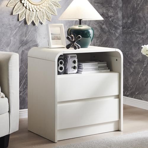 25" Tall Modern Nightstand with Charging Station, 23.6'' Wide Wood Bedside Table w/2 Storage Drawers, Large Mid Century End Table for Bedroom, Living Room, Curved Profile Design, White